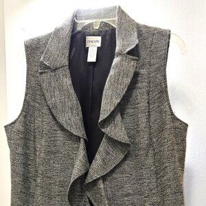 Chico's Women’s Gray Herringbone Sleeveless Ruffled Lapel Pocketed Vest Size 1